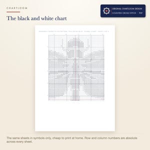 The black and white symbol chart from the a dragonfly cross stitch pattern PDF, symbols only