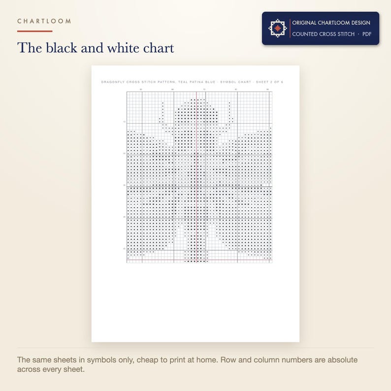 The black and white symbol chart from the a dragonfly cross stitch pattern PDF, symbols only