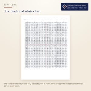 The black and white symbol chart from the rabbits building a snowman cross stitch pattern PDF, symbols only