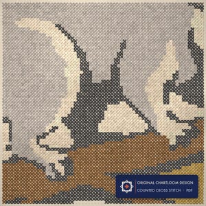 Close up of the opossum on a branch cross stitch design worked stitch by stitch, every cross and thread colour visible