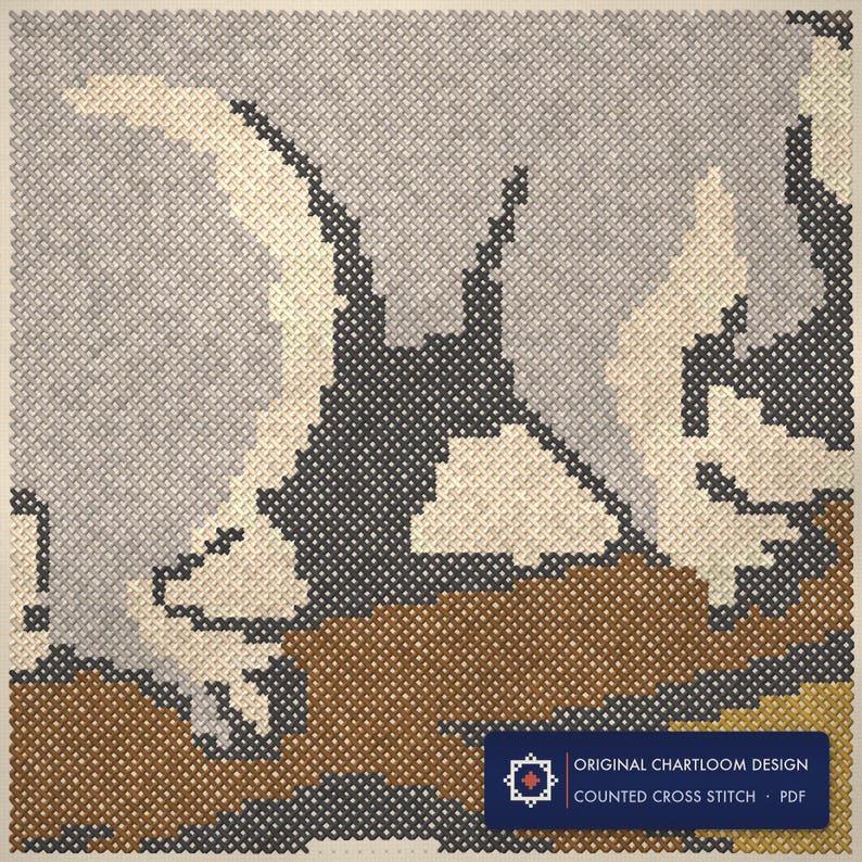 Close up of the opossum on a branch cross stitch design worked stitch by stitch, every cross and thread colour visible