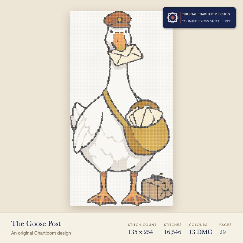 a goose postman cross stitch chart shown as a colour preview with the stitch count and thread count