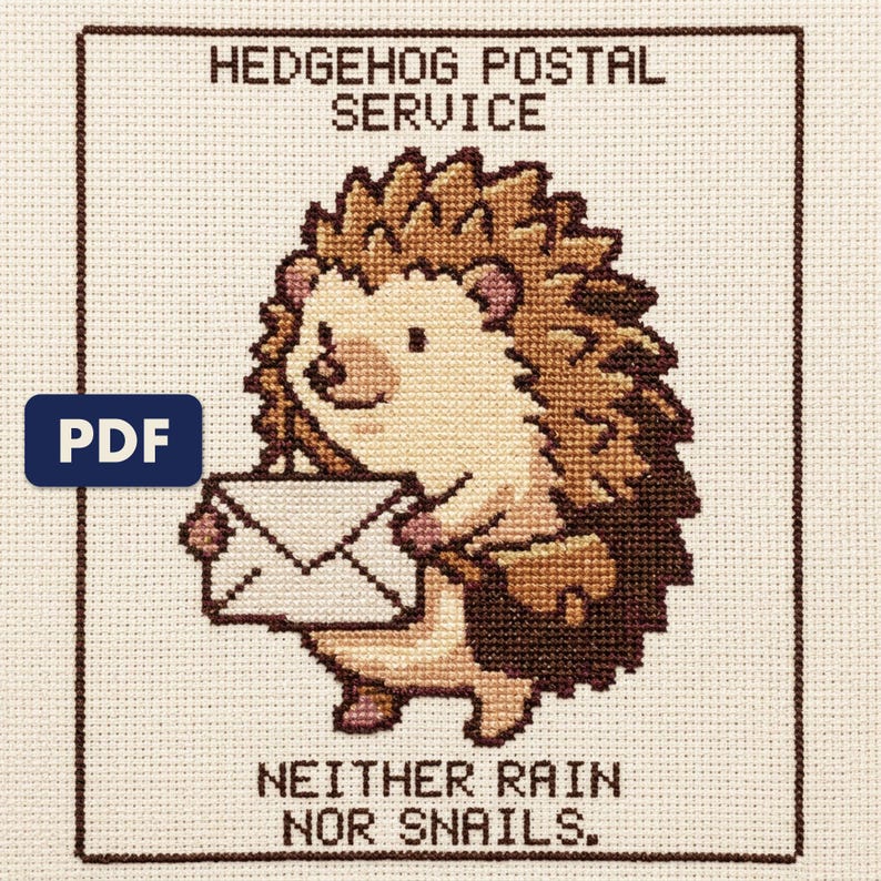 A finished hedgehog postal service cross stitch piece, stitched and framed on a wall