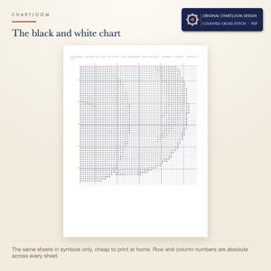 The black and white symbol chart from the a red squirrel cross stitch pattern PDF, symbols only