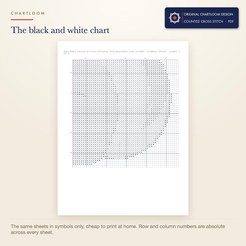 The black and white symbol chart from the a red squirrel cross stitch pattern PDF, symbols only