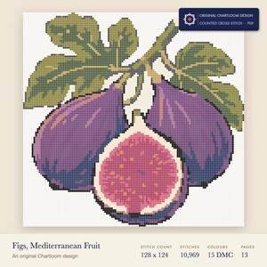 purple figs cross stitch chart shown as a colour preview with the stitch count and thread count