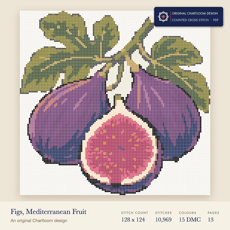 purple figs cross stitch chart shown as a colour preview with the stitch count and thread count