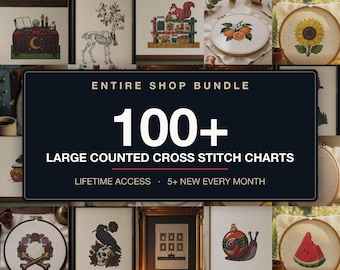 Paquete completo de patrones de punto de cruz para toda la tienda, más de 100 gráficos grandes contados, estilo gótico navideño cottagecore, acceso de por vida, descarga instantánea en PDF.