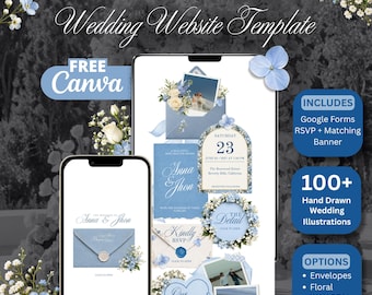 Könnte beinhalten: Eine 11-seitige Hochzeits-Website-Vorlage für Canva mit blauen Blumenakzenten, Wachssiegel-Grafiken und RSVP-Formularen. Das Design enthält handgezeichnete Illustrationen, Umschlagmotive und Textelemente wie Anna & Jhon, Our Story und Kindly RSVP.
