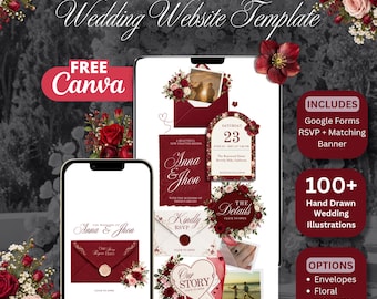 Peut inclure: Un modèle de site web de mariage de 11 pages affiché sur deux appareils mobiles, avec des enveloppes bordeaux, des sceaux de cire et des illustrations florales. Le texte inclut "Wedding Website Template", "Anna & Jhon", "Our Story" et "Kindly RSVP" avec des étiquettes "Free Canva" et "Includes Google Forms".