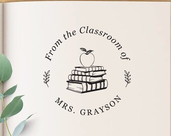 Custom Teacher Stamp with Books and Apple, Personalized From the Classroom of Ink Stamp, School Book Stamper