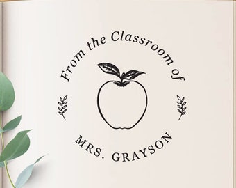 Personalized Teacher Stamp with Apple, Custom From the Classroom of Ink Stamp, School Book Stamper