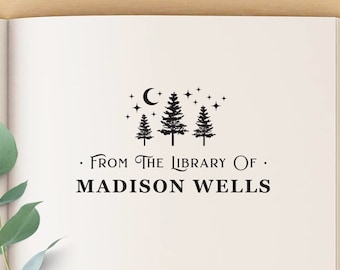 Personalized Book Stamp with Forest Trees, Custom Bookplate Stamp, Book Lover Gift, From The Library Of Book Stamp, Ex Libris