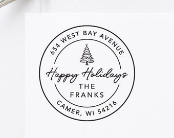 Happy Holidays Address Stamp, Wooden or Self Inking Address Stamper, Personalized Christmas Gift, Custom Address Stamp