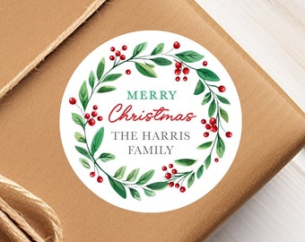 Personalized Christmas Wreath Gift Labels, Custom Merry Christmas Stickers for Gift Boxes, Envelope Seals or Gift Wrapping