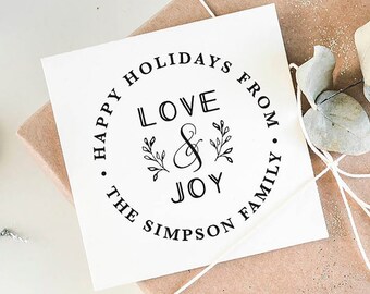 Love and Joy Custom Holiday Stamp, Family Name Stamp for Gifts or Letters, Personalized Christmas Stamp, Happy Holidays Stamp
