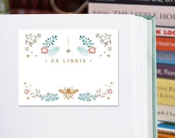 Honey Bee Ex Libris Bookplate pegatinas con flores, etiquetas de biblioteca personalizadas, conjunto de 16 etiquetas de libros, regalo de ratón de biblioteca