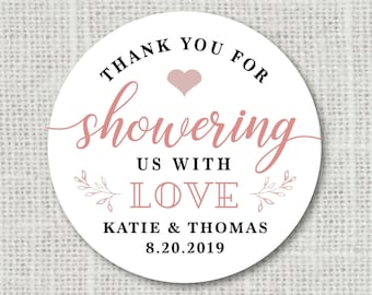 Thank You Stickers, Thank You For Showering Us With Love, Baby Shower Favor Stickers, Personalized Bridal Shower Party Sticker Labels