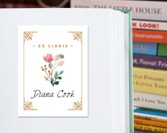 Floral Book Labels, Personalized Ex Libris Bookplate Stickers, Set of 16 Book Labels, Custom Library Labels