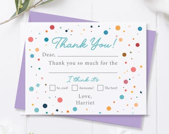 Kids Colorful Fill In the Blank Thank You Cards, Personalized Note Card Set with Envelopes, Flat Notecards, Children's Stationery Set