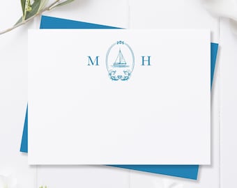 Personalized Vintage Ship Stationary, Monogrammed Note Cards, Custom Stationery, Flat Notecards with Envelopes, Sail Boat Nautical Theme