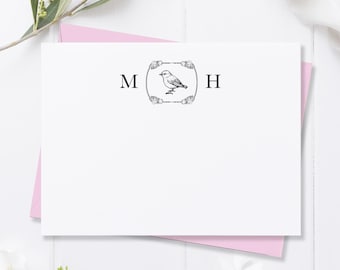 Personalized Bird Stationary, Ornate Monogrammed Note Cards, Custom Stationery, Flat Notecards with Envelopes, Animal Theme