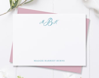 Personalized Note Cards Set, Monogram Stationery, Flat Notecards with Envelopes, Personal or Small Business Stationery Thank You Cards