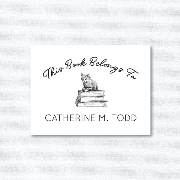 Personalized Bookplates with Cat and Books, Custom Bookplate Stickers, Book Club Gift, Teacher Gift