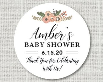 Floral Baby Shower Stickers, Baby Shower Labels, Personalized Baby Shower Labels, Pink Shower Favor Stickers, Thank You Baby Shower