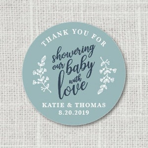 Baby shower stickers, dank u stickers, gunst stickers, partij labels, dank u voor het douchen van onze baby met liefde