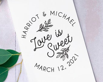 Love Is Sweet Stamp for Greenery Wedding, Self Inking Stamp or Rubber Stamp, Envelope or Favor Stamp, Custom Stamper