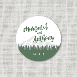 Autocollants de mariage de montagne pour thème Woodland, autocollants de faveur personnalisés, autocollants de forêt, étiquettes de sac cadeau