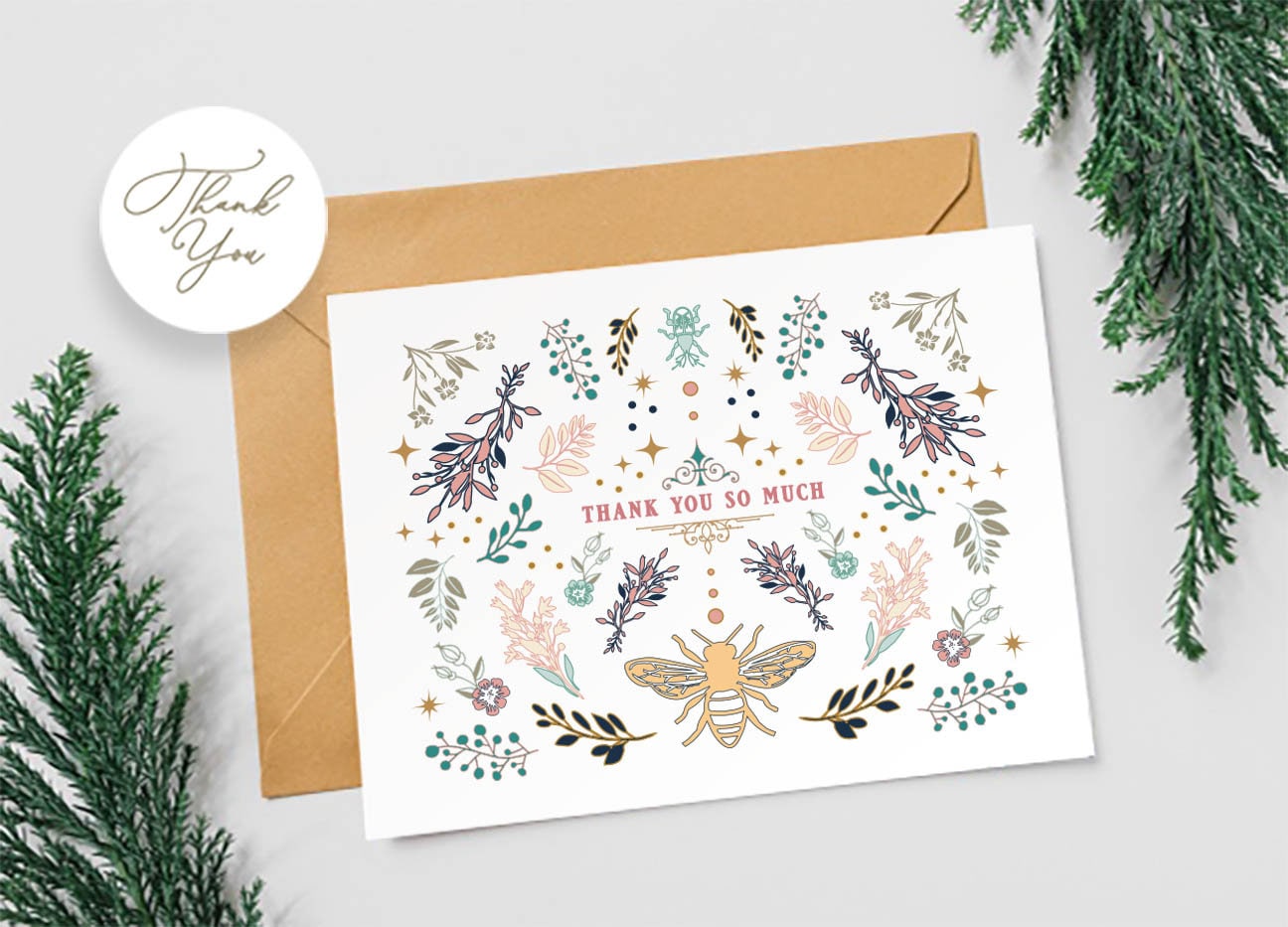 Honey Bee Thank You Card Pack of 6, Hand Illustrated Floral Greeting Cards with Envelope, Blank Stationery Set