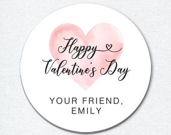 Pegatinas de feliz día de San Valentín, San Valentín para niños personalizados para la escuela, etiquetas personalizadas de San Valentín para el aula con corazón de acuarela