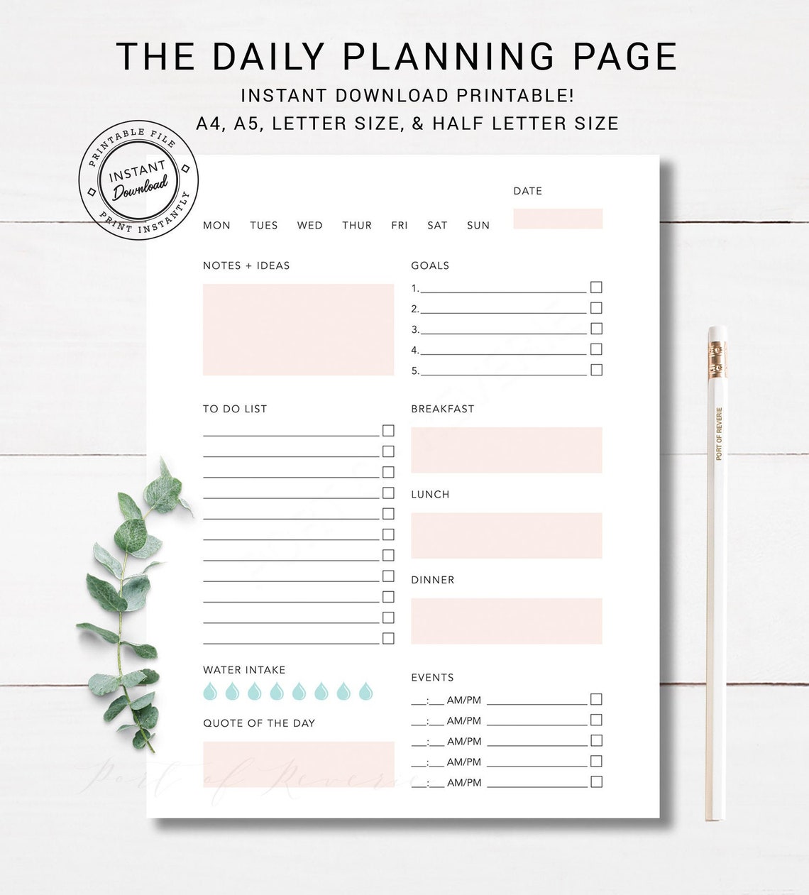 The Daily Planner Page A4 A5 Half Letter and Letter Size Etsy