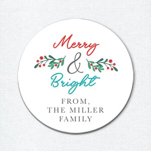 Custom Merry and Bright Stickers, Greenery Christmas Gift Stickers for Boxes and Gifts, Personalized Holiday Gift Tags