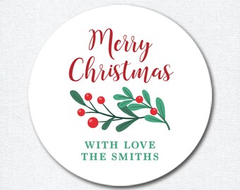 Merry Christmas Gift Stickers with Mistletoe, Happy Holidays Labels for Envelope Seals or Gift Wrapping