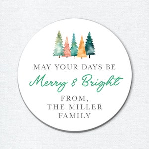 Custom Merry and Bright Christmas Stickers with Trees, Christmas Gift Stickers for Boxes, Envelope Seals or Gift Wrapping