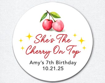 Cherry Birthday Favor Stickers, Girls Happy Birthday Gifts, Custom Cherries Theme Thank You Labels, She's The Cherry On Top