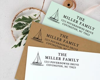 Sailboat Address Stamp, Nautical Return Address Stamp, Custom Address Stamper, Self Inking Stamp or Wooden Rubber Stamp