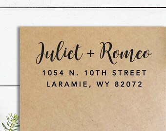 Calligraphy Return Address Stamp Self Inking or Wooden Rubber Stamp, Wedding Address Stamper for Two Names