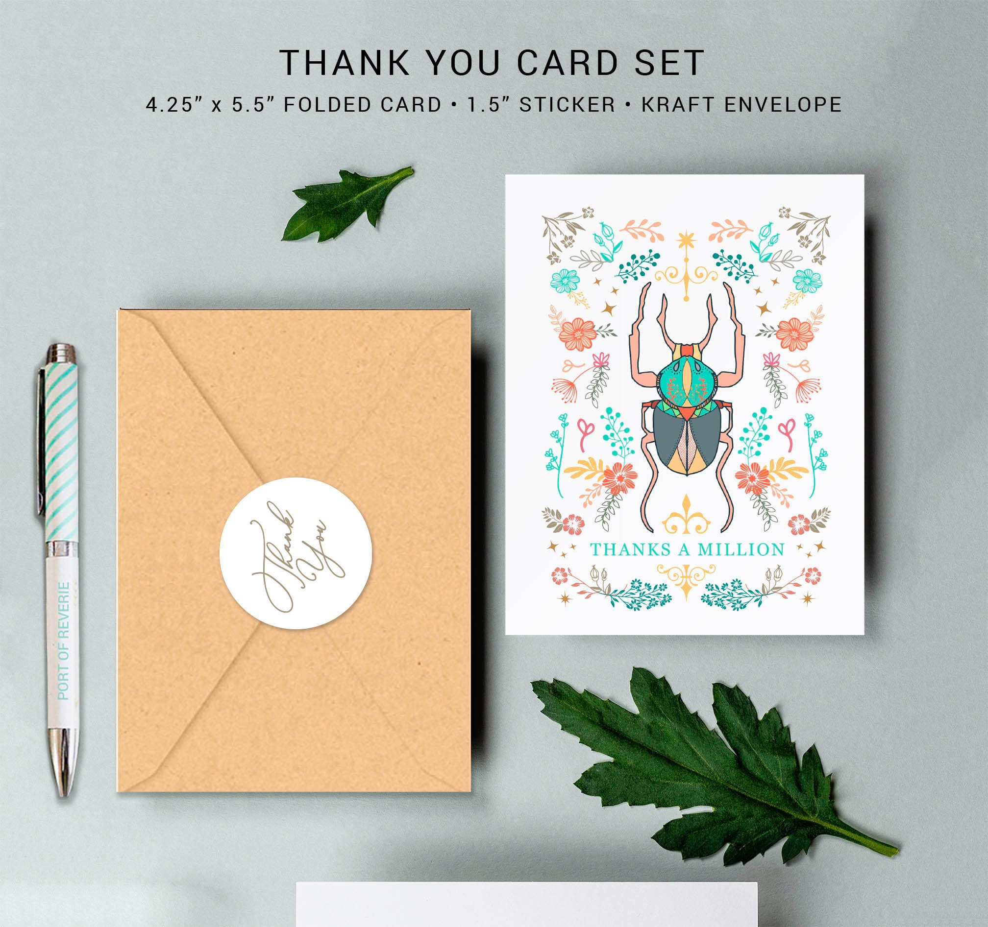 Beetle Thank You Card Set of 6 Hand Illustrated Floral Etsy