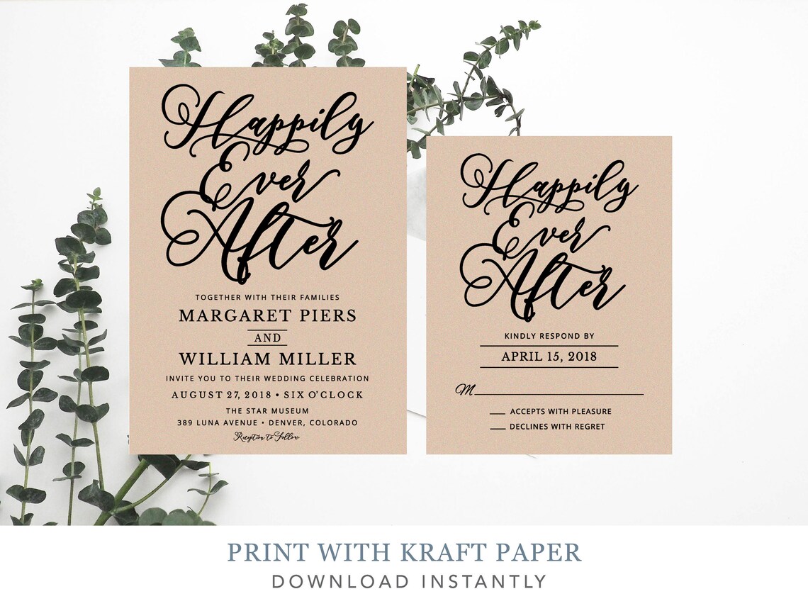Happily Ever After Wedding Invitation Template Calligraphy Etsy