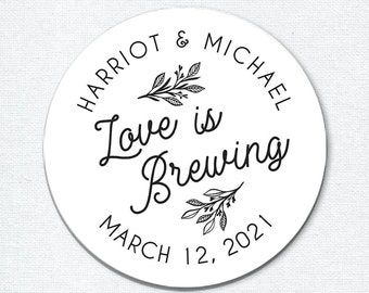 Love is brewing sticker, Coffee favors, Wedding favor stickers, Tea favors, Party Favor Stickers, wedding favor labels