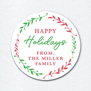 Custom Happy Holidays Stickers with Wreath, Christmas Gift Stickers for Boxes, Envelope Seals or Gift Wrapping