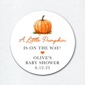 Pegatinas para baby shower con forma de calabaza, baby shower de otoño de género neutro, baby shower con temática de calabaza, etiquetas de regalo redondas personalizadas