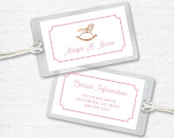 Personalized Diaper Bag Tag with Rocking Horse, Laminated Bag Tag, Custom Tag for School or Daycare Bag Tag, Baby Shower Gift