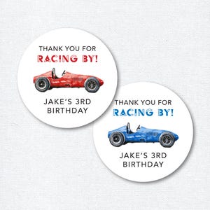 Adesivos de lembrancinhas de aniversário de carros de corrida, etiquetas de agradecimento para festas de carros antigos, lembrancinhas personalizadas de feliz aniversário, festa temática de corrida