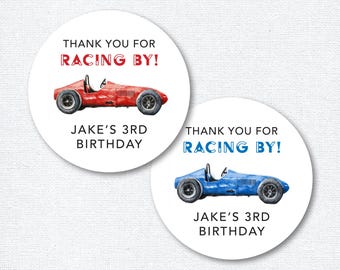 Race Car Birthday Favor Stickers, Vintage Car Party Thank You Labels, Personalized Happy Birthday Favors, Racing Themed Party