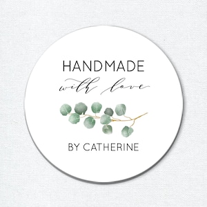 Handgemachte Mit Liebe Sticker mit Eukalyptus, mit Liebe gebacken, Gemacht mit Liebe Geschenkaufkleber, Business Etiketten, Gastgeschenk Sticker